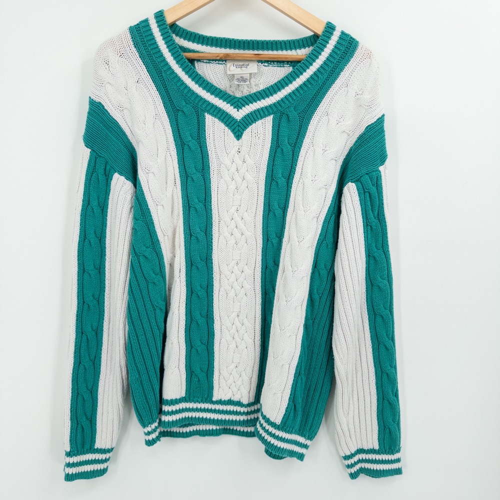 Vintage 90s Preppy Cable Knit Sweater Womens XL Cotton Varsity Stripe Green